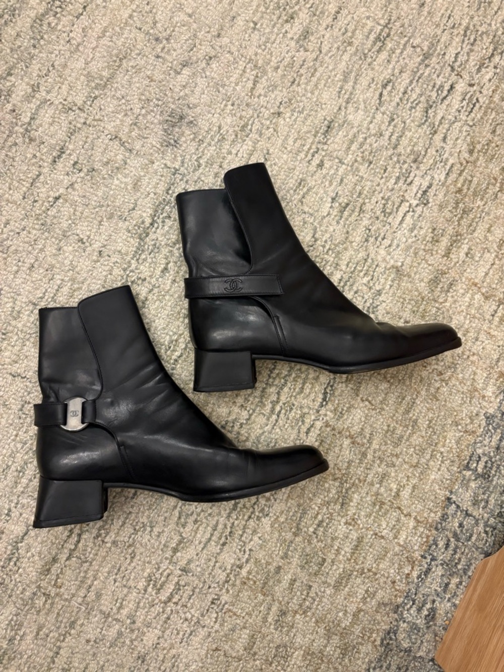 CHANEL Black Leather Mid-Heel Ankle Boots with CC Strap